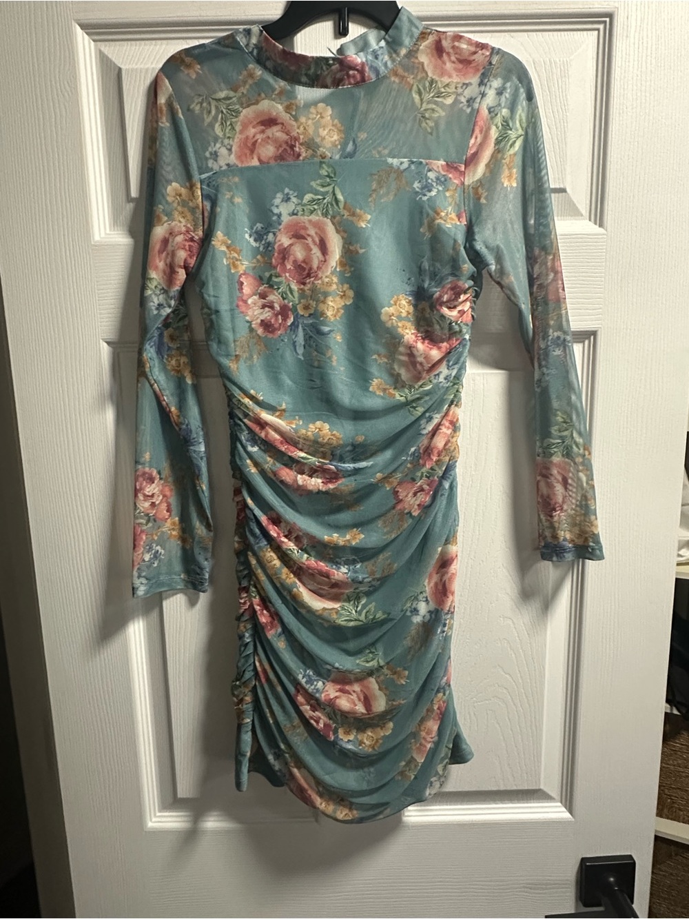 Speechless Dusty Teal Floral Ruched Long Sleeve Dress